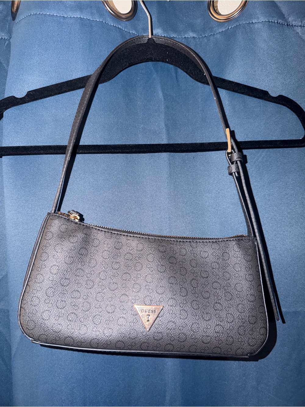 GUESS Black Logo Jacquard Shoulder Bag with Gold Accent